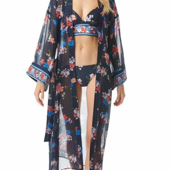 NEW MICHAEL KORS KIMONO COVER UP FLORAL BORDER MEDIUM/LARGE - Picture 3 of 9